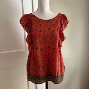 Sezane Red Floral Silk Flutter Sleeve Ruffled Blouse